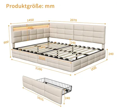 Zdjęcie produktu dla Rozkładana sofa z miejscem do przechowywania – łóżko pojedyncze 140 x 190 cm – 2 szuflady – oświetlenie LED – stacja ładująca USB – obicie aksamitne – beżowa