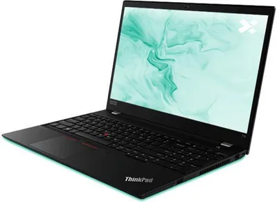 A black Lenovo ThinkPad T15 G1 laptop is shown from a diagonal angle, with its screen displaying a green abstract pattern.