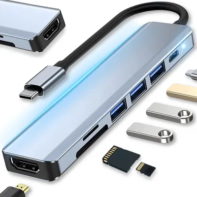 Produktbild von USB-C-Hub 7 in 1 Adapter USB Type C 3.0 HDMI für Mac Samsung Handy Laden Daten Laptop 100W Retoo