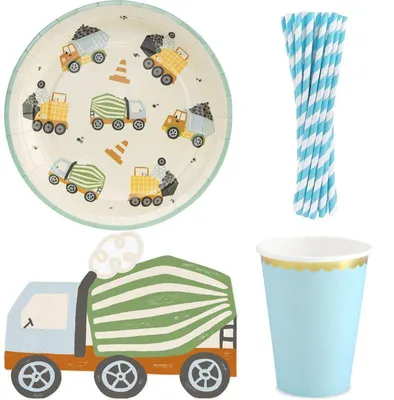 Produktbild von Baustellen Party Deko Set Jungs Kindergeburtstag Einweggeschirr Bagger