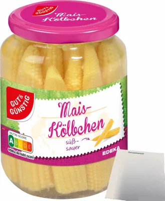 Produktbild von Gut & Günstig Maiskölbchen süß-sauer eingelegt (330g Glas) + usy Block