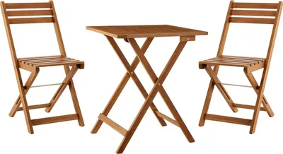 A wooden balcony furniture set with a table and two chairs.