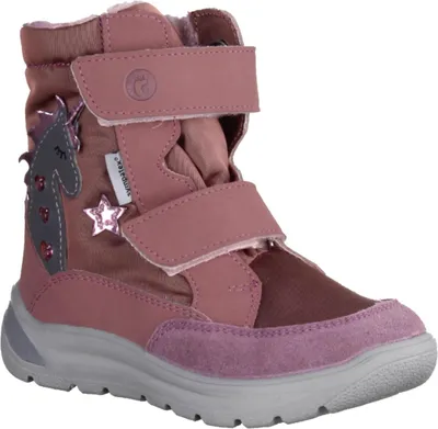 A single pink boot with unicorn and star embellishments.