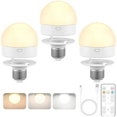 Produktbild von 3 Stück Aufladbare LED Glühbirne E27 3 Farbtemperaturen Dimmbar Batteriebetrieben Nachtlicht mit Fernbedienung