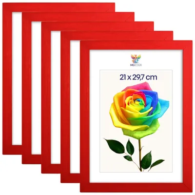 Obrázok produktu pre MG Design, sada 5 kusov rámov na obrázky, červená farba, formát A4 (21x29,7 cm) – rámy z prírodného dreva s akrylovým sklom, vhodné na zavesenie aj na postavenie, vertikálne aj horizontálne usporiadanie