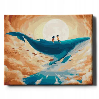 Image de Oh Art ! Peinture par numéros animaux - Baleine fantastique dans le ciel 50x40 cm avec cadre, 22 couleurs incl. pinceaux & peinture acrylique, set complet pour adultes enfants