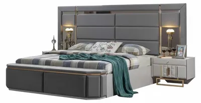 Image de Ensemble de chambre à coucher gris et blanc : lit rembourré, 2 tables de chevet, armoire
