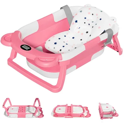Image de Baignoire pour bébé - Baignoire pliable - Avec thermomètre - Coussin de bain moelleux - Orifice de vidange - Portable - Pour nouveau-nés - Rose