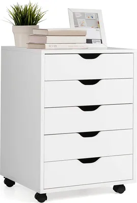 A white rolling cabinet with five drawers, topped with books, a potted plant, and a picture frame.