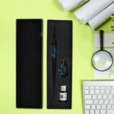 Image de Stylo à plume rétro en cristal et fleur en verre Stylo à encre Signature Stylo Plume avec porte-encre Bleu clair