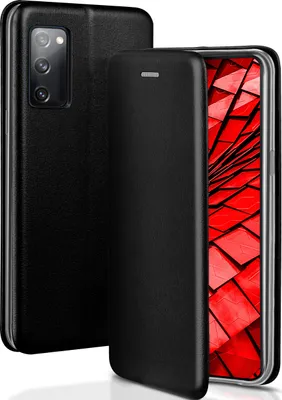 A black flip case for a smartphone is shown, with the phone's screen displaying a red abstract pattern.