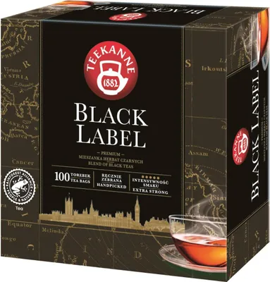 A product box for Teekanne Black Label tea.
