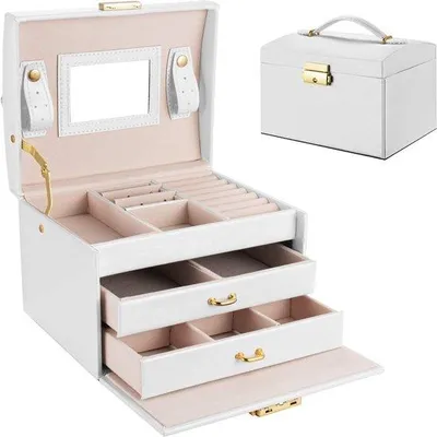 Imagen del producto de Cajas de joyería Unyqoos® para niñas: joyero blanco de cuero sintético, forro de terciopelo color beige, con 3 compartimentos, espejo, 2 cajones extraíbles y cerradura de metal
