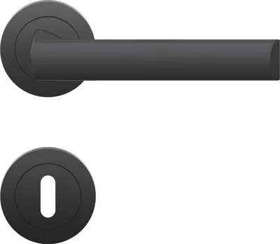 A black door handle and a black keyhole escutcheon are shown against a white background.