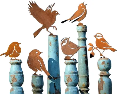 Imagen del producto de Pájaros metálicos, color óxido, juego de 6 unidades, resistentes a la intemperie, ideales para jardín y terraza