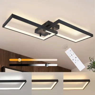 A modern black ceiling lamp with rectangular frames, shown on a white ceiling. The image also includes a remote control and visual representations of different light settings.