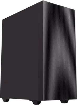 A black computer tower with a ribbed front panel, shown from a three-quarter angle on a white background.