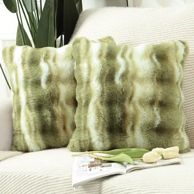 Productafbeelding van Set van 2 zachte, pluizige sierkussenhoezen van korte wollen velours in een luxe stijl, geschikt voor de bank en slaapkamer, kleur groen, 50 x 50 cm