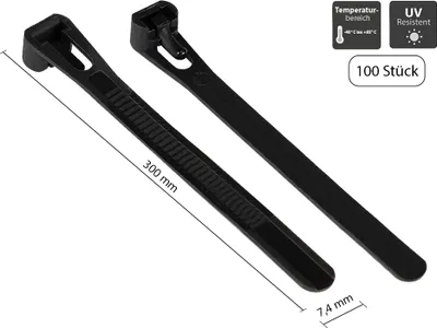 Produktbild von Wiederverwendbarer Kabelbinder 300 mm x 7,4 mm, schwarz, UV-resistent, -40 °C bis +85 °C, 100 Stück,