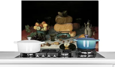 Produktbild von KitchenYeah®  Spritzschutz Küche - Küchenrückwand - Wandschutz für Herd und Spüle - Stilleben mit Käse - Kunstwerk - Alte Meister 90x60 - Alu-Dibond (Alternative zum Spritzschutz aus Glas) - Hitzebest