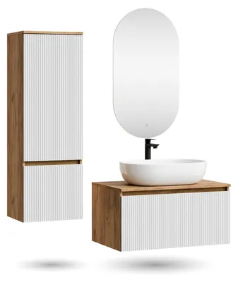 Produktbild von ARISA Badmöbel Set inkl. Hochschrank in Weiß Geriffelt - Mit LED Spiegel und weißem Keramik-Aufsatzwaschbecken 60 cm
