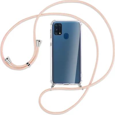 Produktbild von Handykette Backcover-Schutzhülle mit Band (Metall silberfarben) für Samsung Galaxy M31 - rose peach
