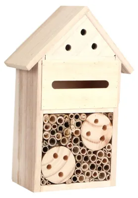 Produktbild von Insektenhotel aus Holz mit Bambusröhren, Nisthilfe für Wildbienen im Garten