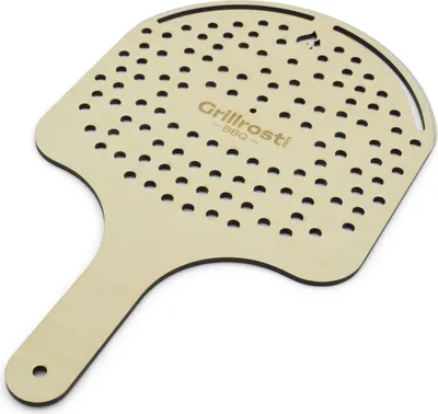 A wooden pizza peel with many small holes and a handle, with a logo printed on it.