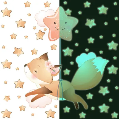Produktbild von Leuchtsticker – Fuchs in den Sternen + 60 Sterne – Fluoreszierender Wand-/Deckensticker für Kinder – 120 x 120 cm