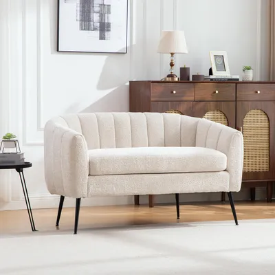 Produktbild von okwish Sofa Chenille Zweisitzer Retro Design mit Rillenpolsterung Metallfüße mit verstellbaren Fussaufsätzen Wohnzimmer Beige