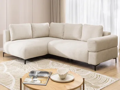 Produktbild von Cardea - Modernes Ecksofa in Bubble-Optik aus weichem Hellbeige Strukturstoff mit hohem Sitzkomfort, Ottomane links