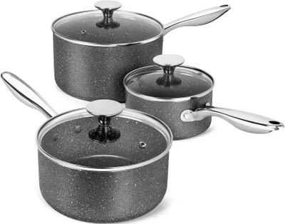 Produktbild von MICHELANGELO 3-teiliges Stielkasserollen-Set, 1,4 l, 2 l, 2,8 l, Granit-Antihaftbeschichtung