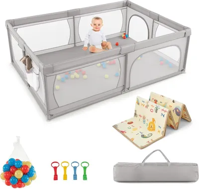 Produktbild von 200 x 140 cm Baby Laufstall Faltbar, Laufgitter mit Matratze & 50 Bällen & Tragetasche, Krabbelgitter für Kinder im Innen- & Außenbereich (Grau)