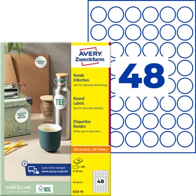 Produktbild von Avery Zweckform 6223-10, Runde Etiketten, A4, ? 30 mm, 480 Etiketten / 10 Bögen, weiß