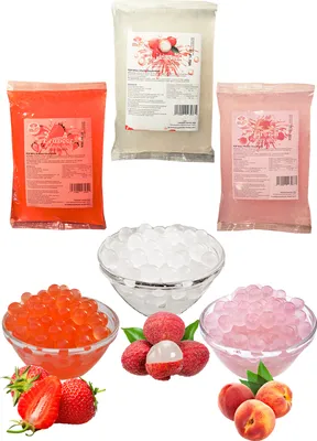 Produktbild von Bubble Tea Popping Boba Mix-3 x 600g Pfirsich+Erdbeer+Litschi Boba Fruchtperlen-Natur&Glutenfrei Perlen-Aktion: 1 Gratis 600g Packung