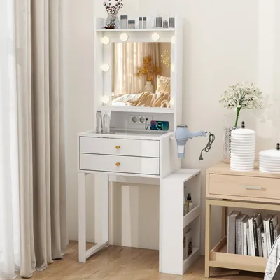 Produktbild von Puluomis Schminktisch mit LED Beleuchtung Spiegel, Kosmetiktisch mit Steckdose, Haartrocknerständer, Frisiertisch mit Schubladen, Regal weiß