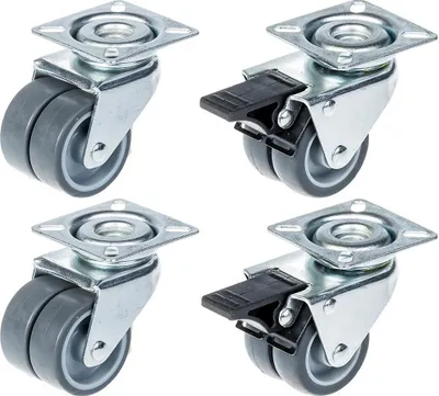 Produktbild von 50mm 2" Zwillingsrollen, grau, Gummi, drehbar und gebremst, 280kg Kapazität, 4er Set