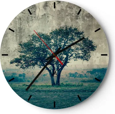 Produktbild von Wanduhr - Rund - Glasuhr - Baum Natur Feld - 30x30cm - Schleichendes Uhrwerk - Lautlos - zum Aufhängen bereit - Dekoration Modern - Wanddekoration aus Glas - C3AR30x30-3627