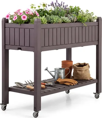 Image de COSTWAY Potager surélevé avec roulettes, bac à fleurs surélevé avec tablette, indicateur de niveau d'eau et trous de drainage, potager pour herbes aromatiques, en plastique et métal, table de culture