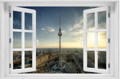 Produktbild von Wallario Wandbild mit Fenster-Illusion: Fernsehturm Berlin mit Panoramablick über die Stadt, Größe: 61 x 91,5 cm, Poster mit weißem Aluminiumrahmen