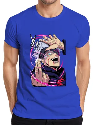 Productafbeelding van Jujutsu Kaisen T-shirt voor heren, met afbeelding van Gojo, wit haar, oogbindsel en energiekring, blauw, maat XL