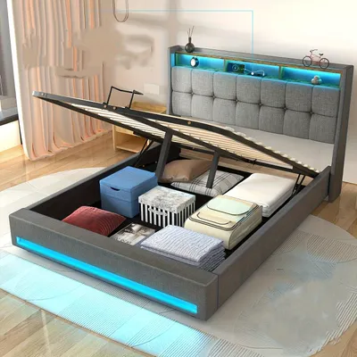 Zdjęcie produktu dla Łóżko z pojemnikiem - Łóżko z podnoszanym materacem - Sofabed - Rama łóżka - Łóżko z podnoszanym materacem - 140x200 cm - Hydrauliczny system podnoszenia z pojemnikiem