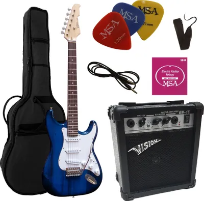 Produktbild von 4/4 Elektrogitarrenset - E-Gitarre dunkelblau-transparent 20 Watt Set - Tasche, Band, Saiten, 3xpik, Verstärker - e gitarren set blau