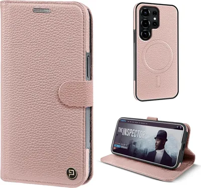 Produktbild von Echtleder Handyhülle für Samsung Galaxy S25 Ultra RFID Schutz Cover Leder Hülle Magnetring 2-in-1 Bumper abnehmbar Farbe: Rosa
