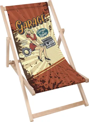 A vintage-style graphic on a deck chair advertising a garage service.