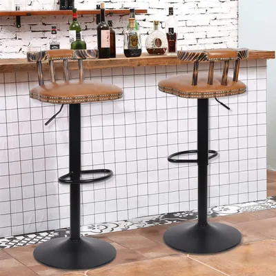 Two bar stools are shown in front of a tiled wall and a wooden counter with bottles on it.