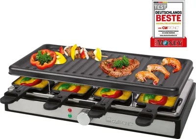 A Clatronic raclette grill with food on it and a product award badge in the top right corner.