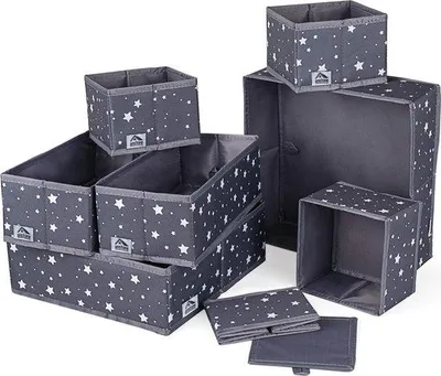 Immagine prodotto di Famanu, set di 8 organizer con cassetti, contenitori pieghevoli in tessuto con motivo a stelle - Grigio