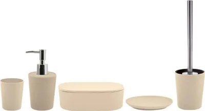 Produktbild von spirella Badset 5-teilig Aufbwahrungsdose WC Bürste Zahnputzbecher Seifenspender Badset Klobürste Bambus Sand