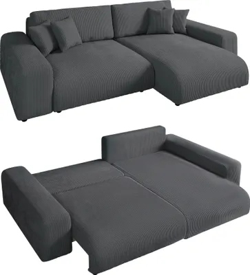 Produktbild von Ecksofa Schlaffunktion ausziehbar Bettkasten Polsterecke L-Couch in Cord Grau / 21006